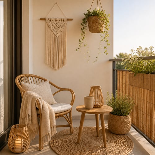 Jasny balkon w stylu boho z plecionym fotelem, stolikiem, lampionem, roślinami doniczkowymi i makramą, urządzony w naturalnych kolorach.