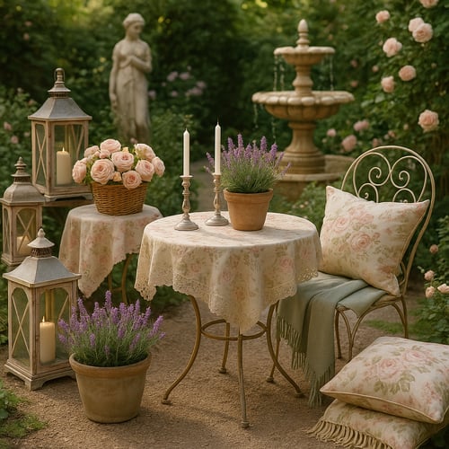 Stylowy kącik wypoczynkowy w ogrodzie angielskim z okrągłym stolikiem przykrytym koronkowym obrusem, świecami, lawendą i rzeźbą w tle obok kamiennej fontanny.