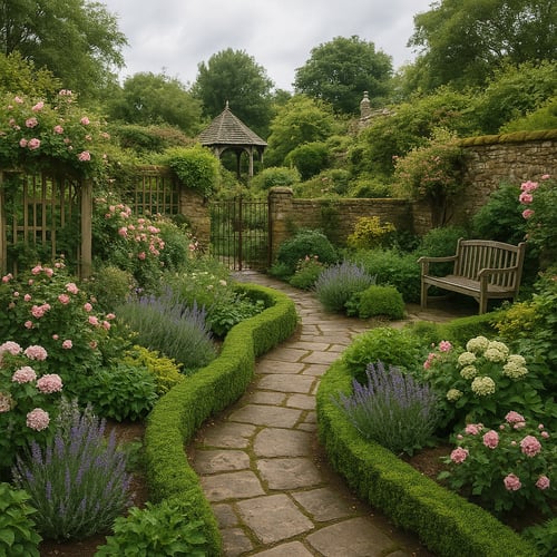 Kamienna ścieżka prowadząca przez bujny ogród angielski z różowymi różami, lawendą i drewnianą ławką, otoczona niskim żywopłotem i zakończona altaną w stylu rustykalnym.