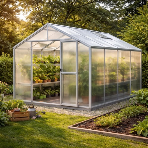 szklarnia z poliwęglanu stojąca w zadbanym, przydomowym ogrodzie