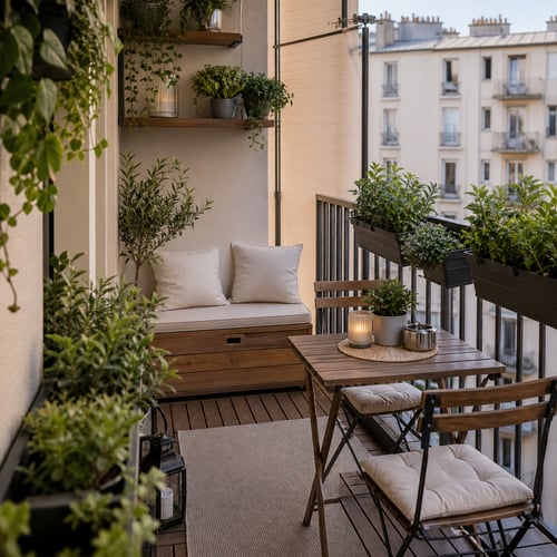 Mały balkon z drewnianą podłogą, składanymi meblami i roślinami – praktyczny pomysł na tani taras w bloku.