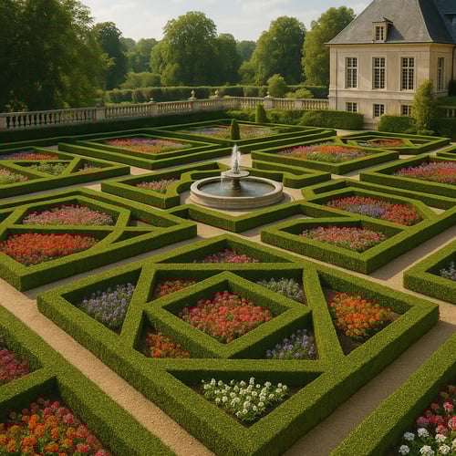 Widok na klasyczny ogród francuski z centralną fontanną i symetrycznymi rabatami kwiatowymi w geometrycznych kształtach, otoczony niskimi żywopłotami i alejkami żwirowymi.