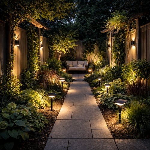 Piękny mały ogród oświetlony wieczorem, z wąską kamienną ścieżką otoczoną bujnymi roślinami i nastrojowymi lampami prowadzącą do przytulnej ławki.