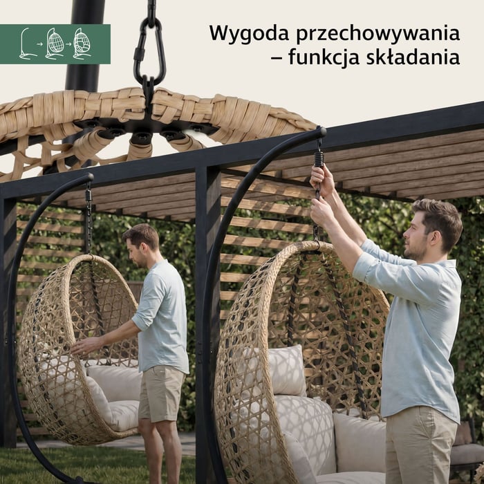 Fotel wiszący bujany Somi beżowy jest składany, dzięki czemu łatwo go przenosić i przechowywać