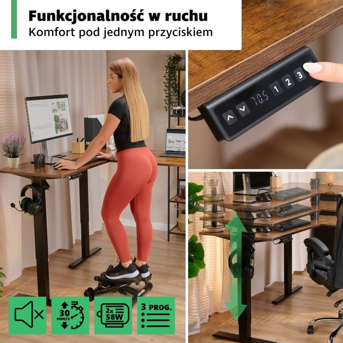 Biurko narożne Trani wyposażono w wygodny, elektryczny panel sterowania, dzięki któremu zmiana wysokości jest szybka i intuicyjna.