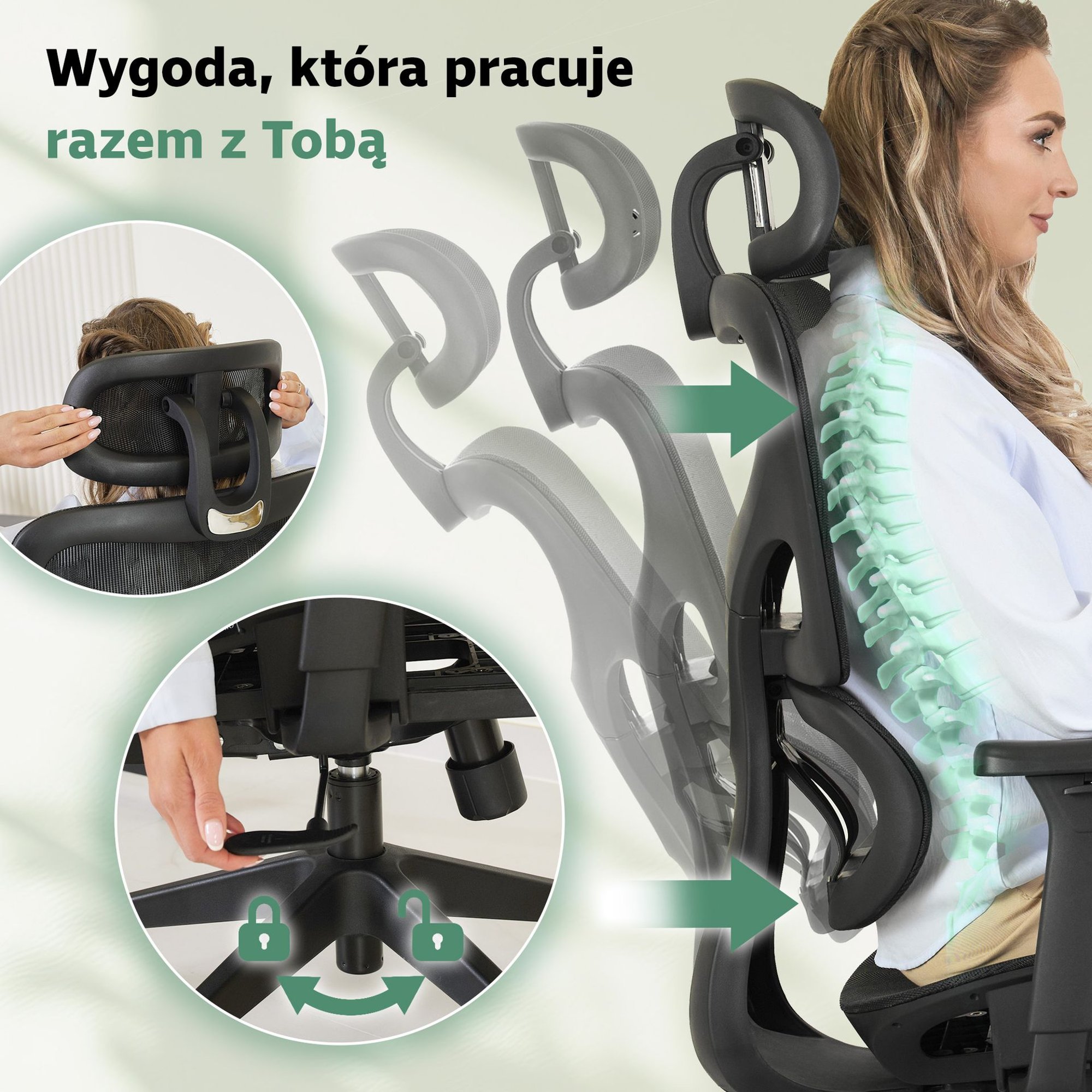 Ergonomicznie wyprofilowane oparcie zostało wyposażone w zintegrowane podparcie lędźwiowe