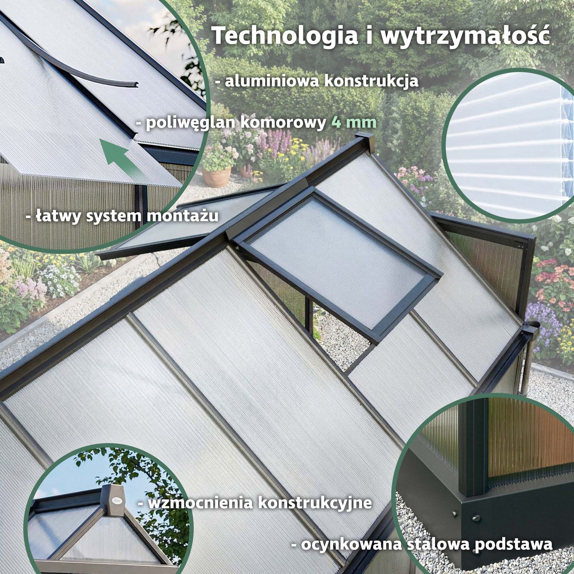 Stelaż szklarni wykonano z lekkiego, a jednocześnie bardzo wytrzymałego aluminium