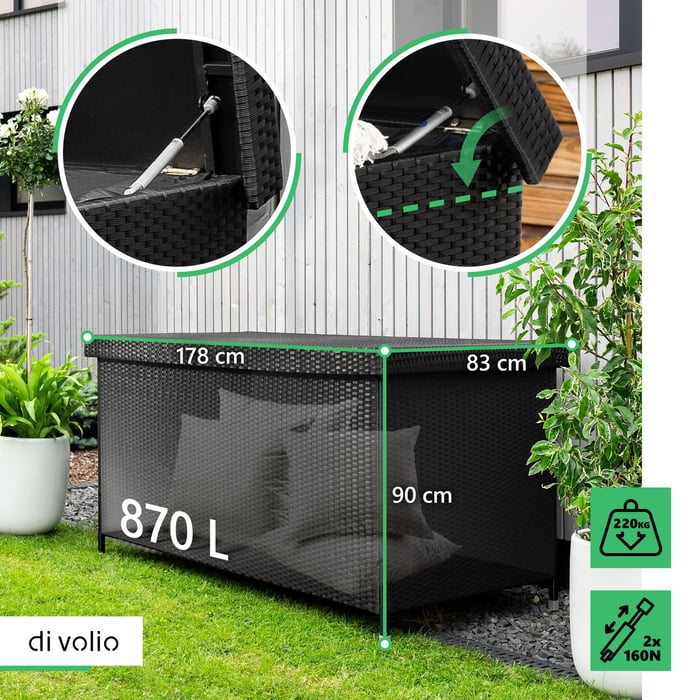 Skrzynia ogrodowa Belia o pojemności 870 litrów pozwala na przechowywanie większych przedmiotów i akcesoriów