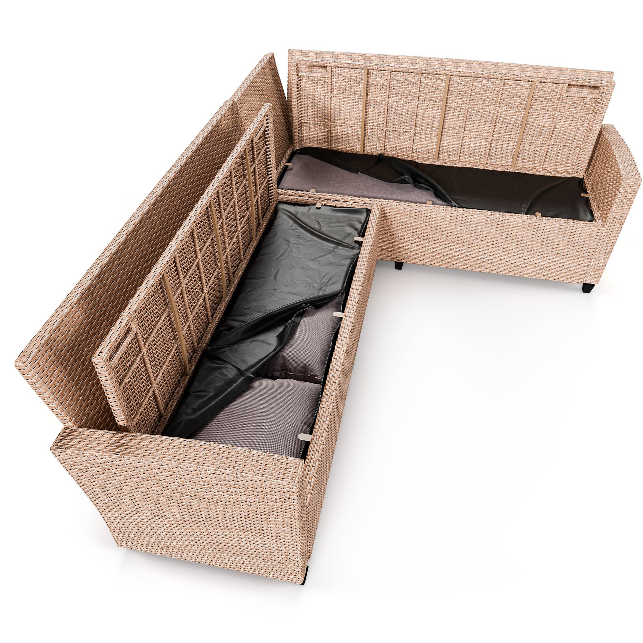 Narożnik w komplecie Rossano posiada wbudowane w siedziska skrzynie przeznaczone do przechowywania poduszek
