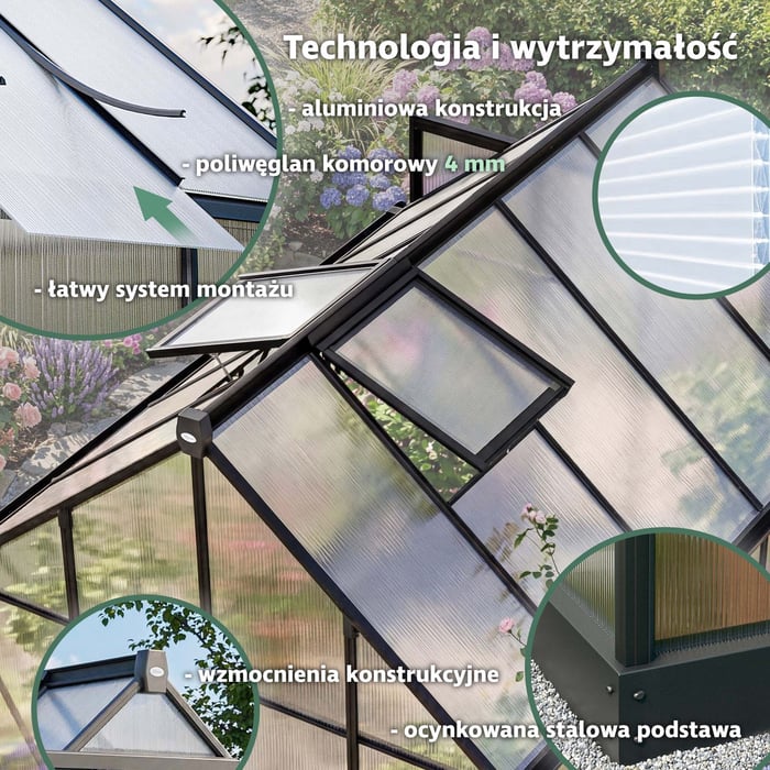 Stelaż szklarni wykonano z aluminium, które jednocześnie jest bardzo wytrzymałe i odporne