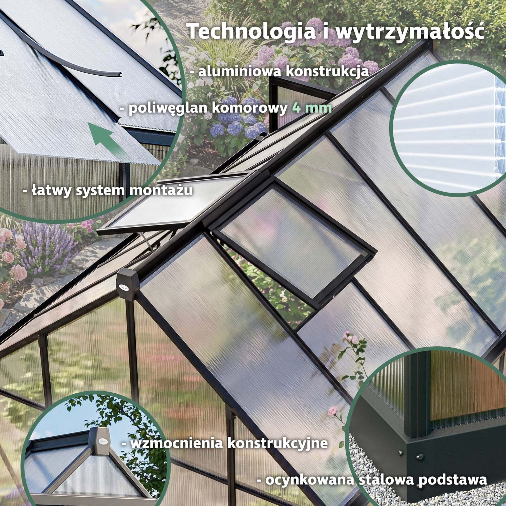Stelaż szklarni wykonano z aluminium, które jednocześnie jest bardzo wytrzymałe i odporne