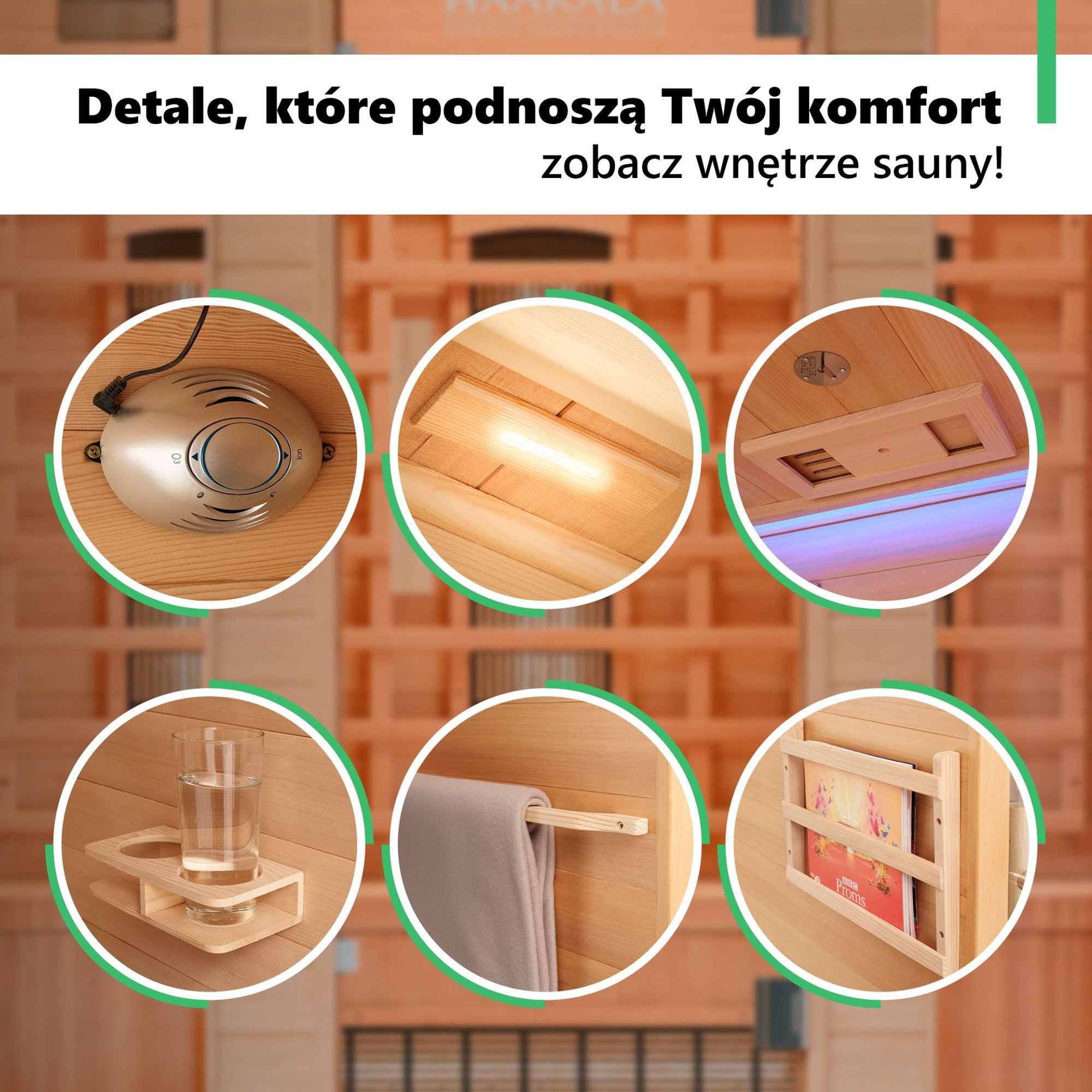 Sauna infrared Loimaa II wyróżnia się wszechstronnym wyposażeniem