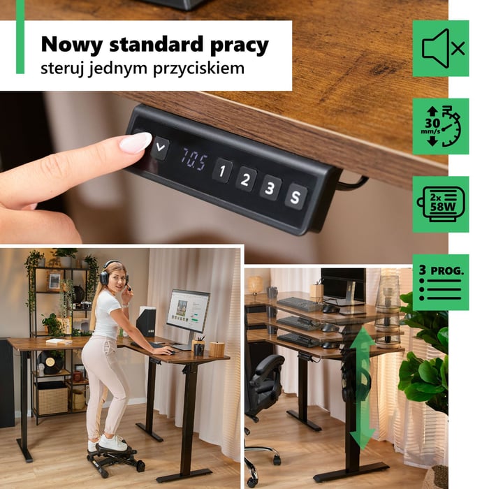 Biurko narożne Montaro zostało wyposażone w elektryczny mechanizm umożliwiający płynną i szybką regulację wysokości