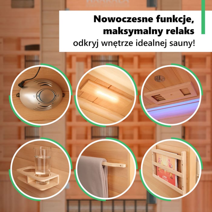 Sauna infrared Loimaa III wyróżnia się wszechstronnym wyposażeniem