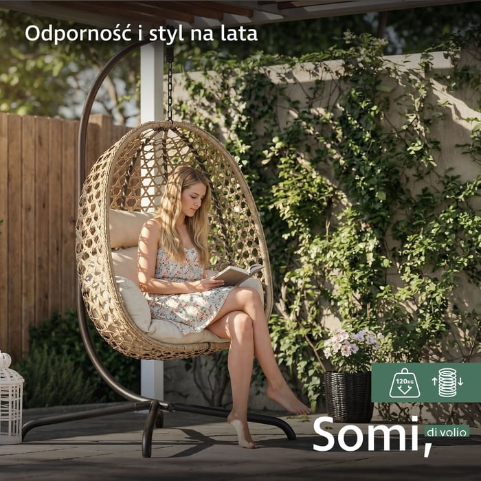 Kokon ogrodowy Somi stoi na solidnej, czteroramiennej podstawie z ocynkowanej stali 