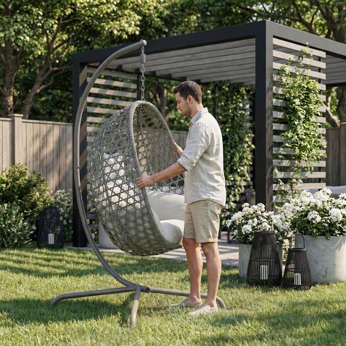 Fotel wiszący bujany Somi szary jest składany, dzięki czemu łatwo go przenosić i przechowywać