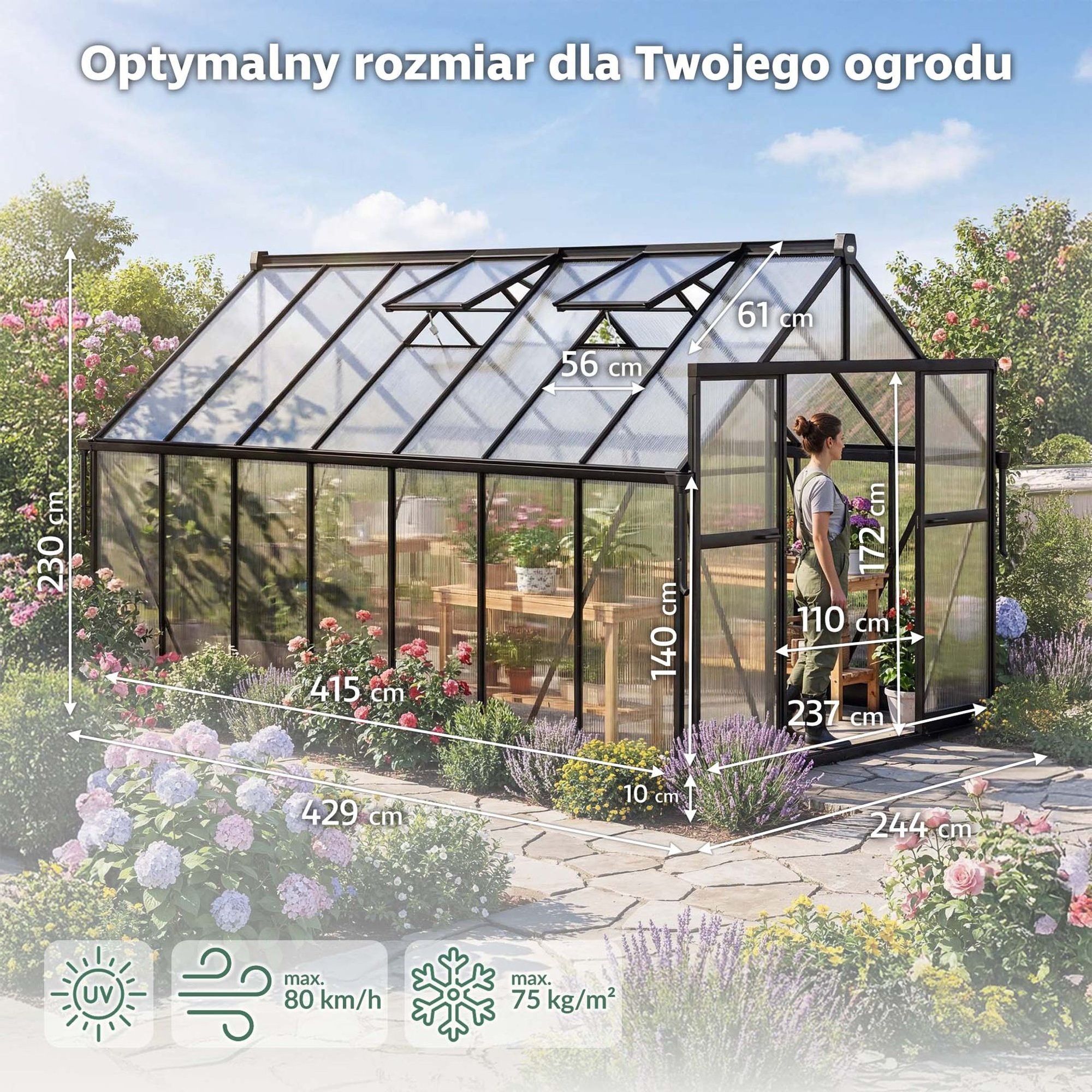 Szklarnia ogrodowa z poliwęglanu DV-157GG daje dużą i funkcjonalną przestrzeń do codziennej pracy