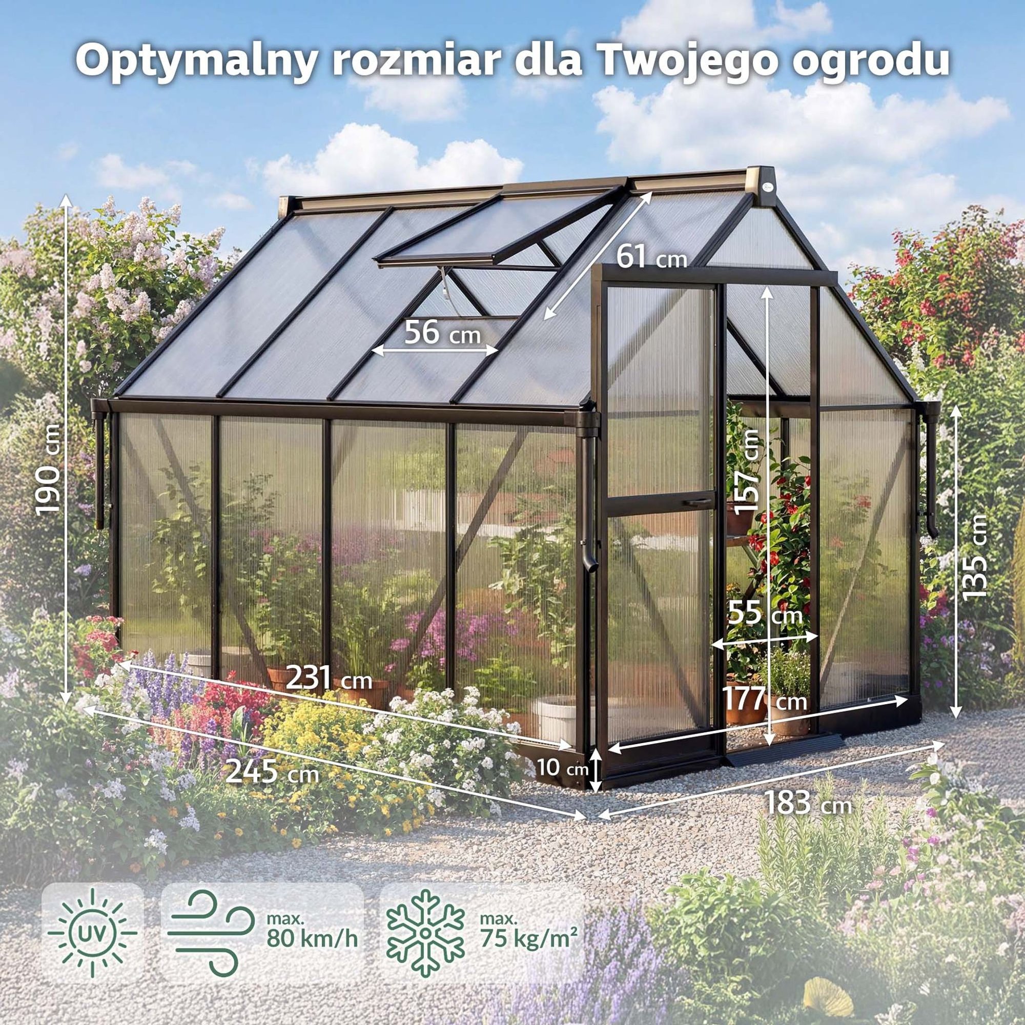  Szklarnia ogrodowa 245 × 183 × 190 cm to przestrzeń wystarczającą do upraw rzędowych i roślin wysokich