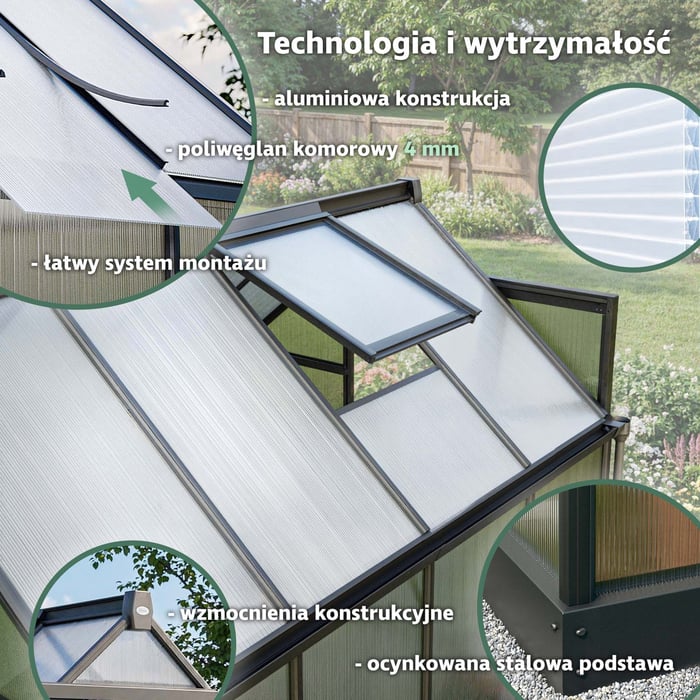 Stelaż szklarni wykonano z aluminium