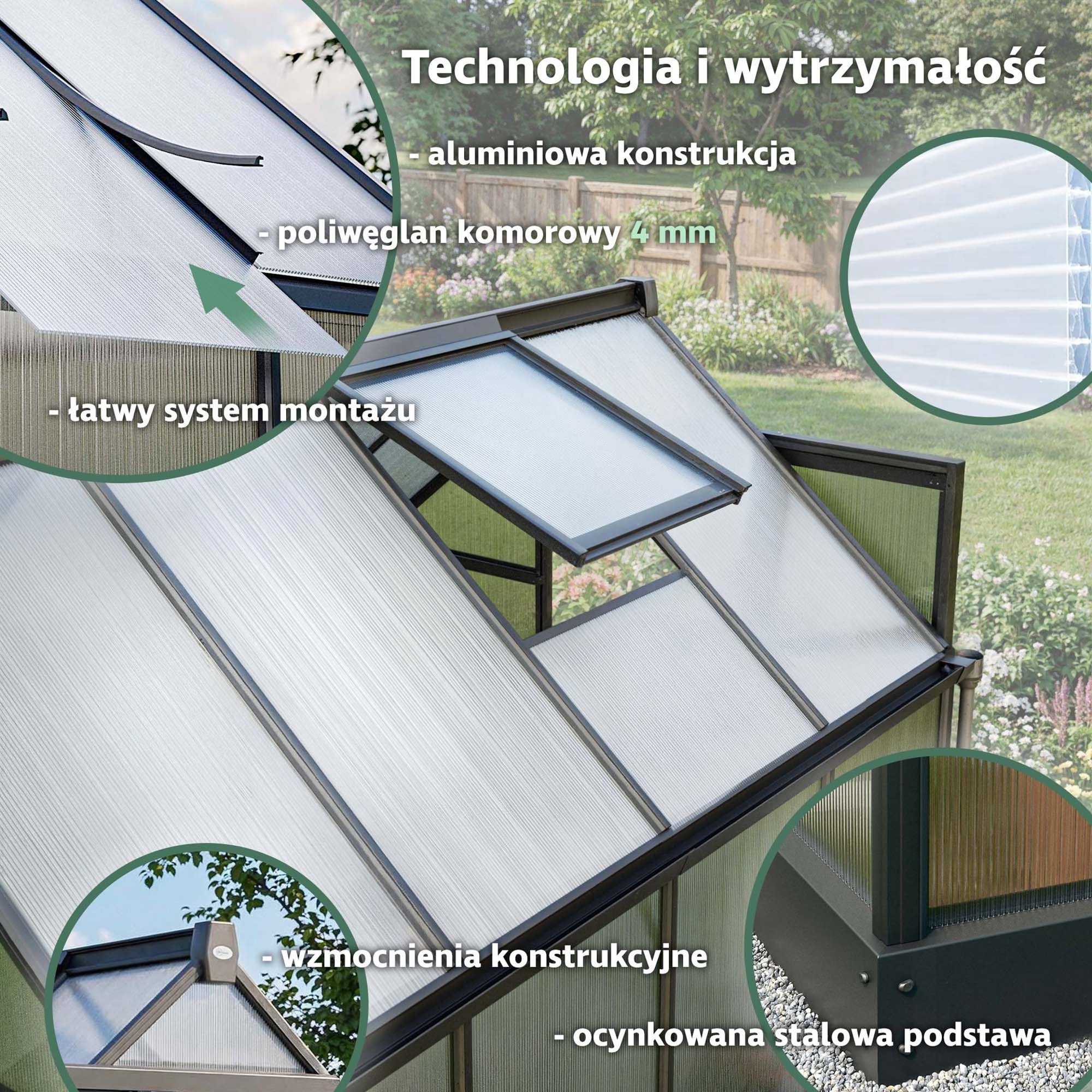 Stelaż szklarni wykonano z aluminium