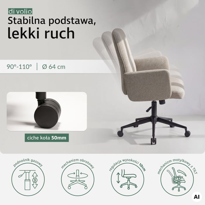 Fotel biurowy materiałowy Parmo stoi na metalowej podstawie w eleganckim, matowym wykończeniu