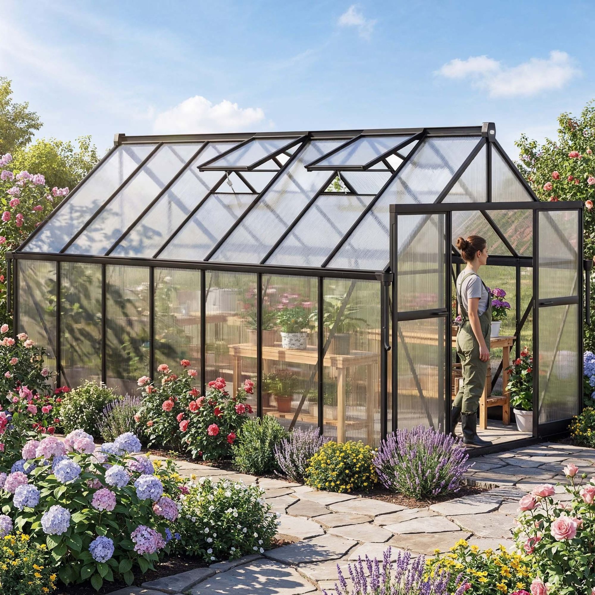 Szklarnia ogrodowa z poliwęglanu DV-157GG daje dużą i funkcjonalną przestrzeń