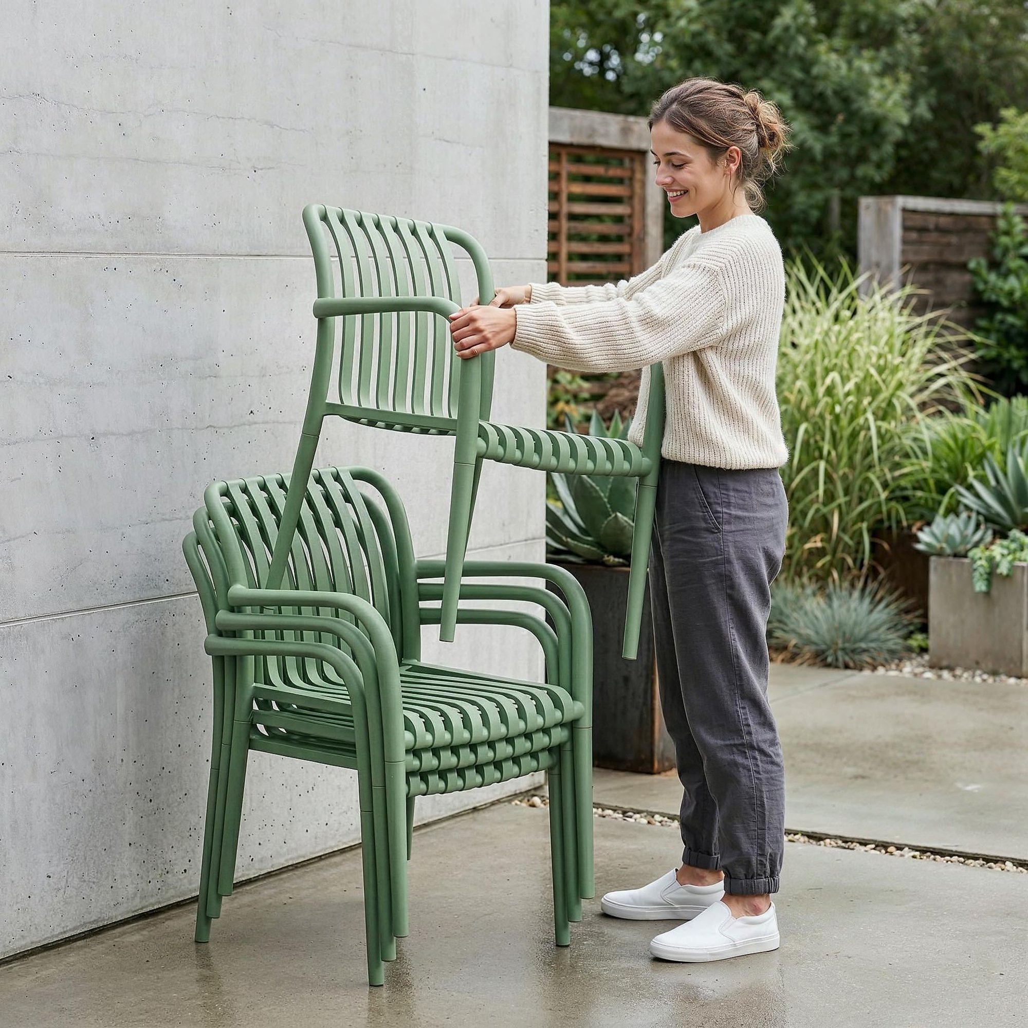 Krzesła Carisi zielone zaprojektowano z myślą o wygodzie przechowywania i codziennej funkcjonalności