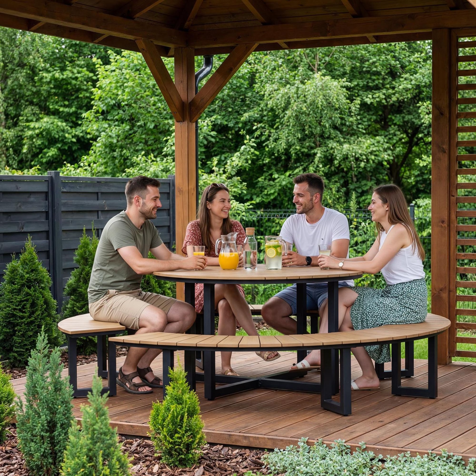 Zestaw mebli ogrodowych Portofini składa się z okrągłego stołu 140 cm oraz dwóch ławek w kształcie łuków