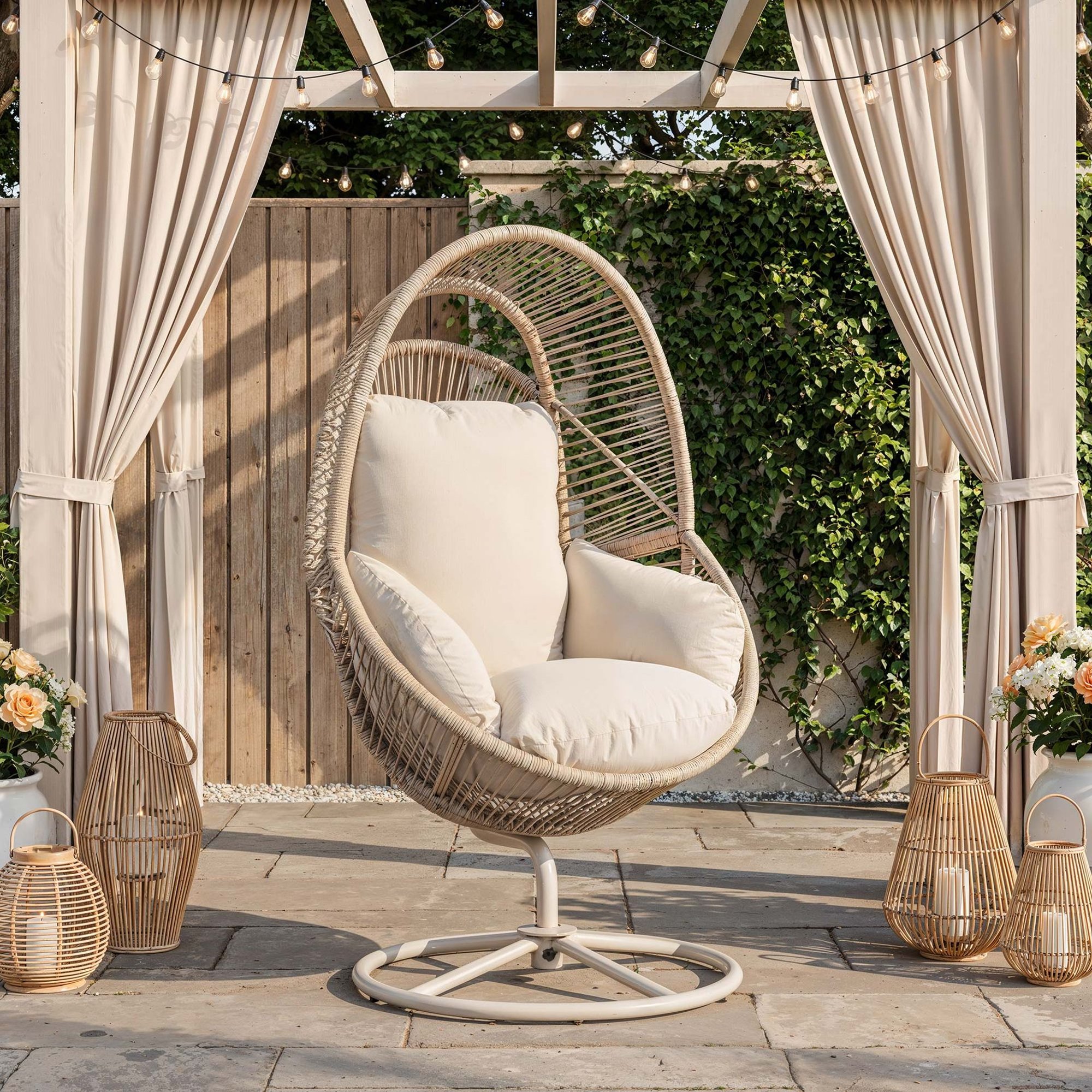 Kokon fotela wykonano z trwałego technorattanu w beżowym odcieniu