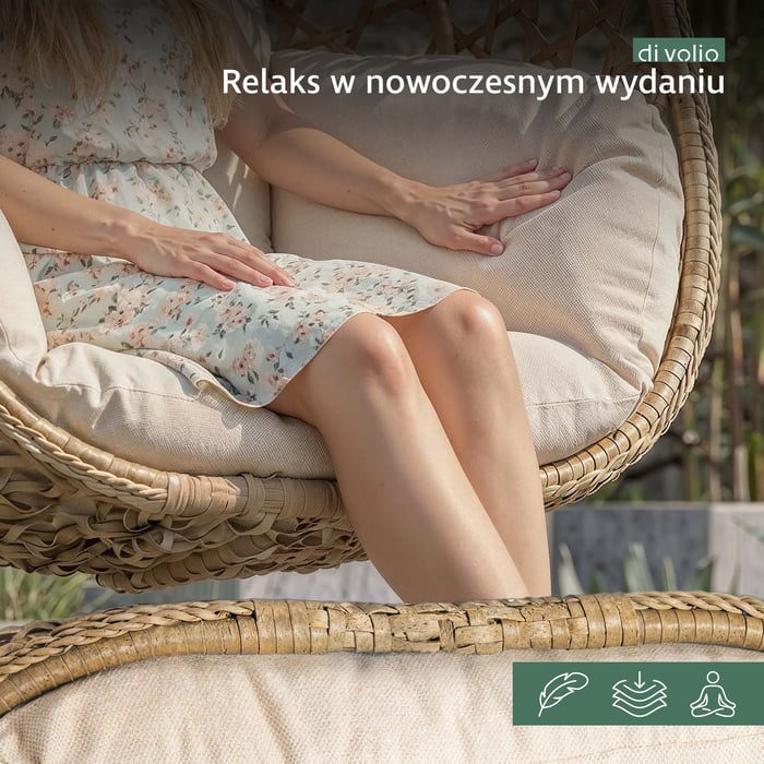 Siedzisko wykonano z wytrzymałego technorattanu, odpornych na warunki atmosferyczne