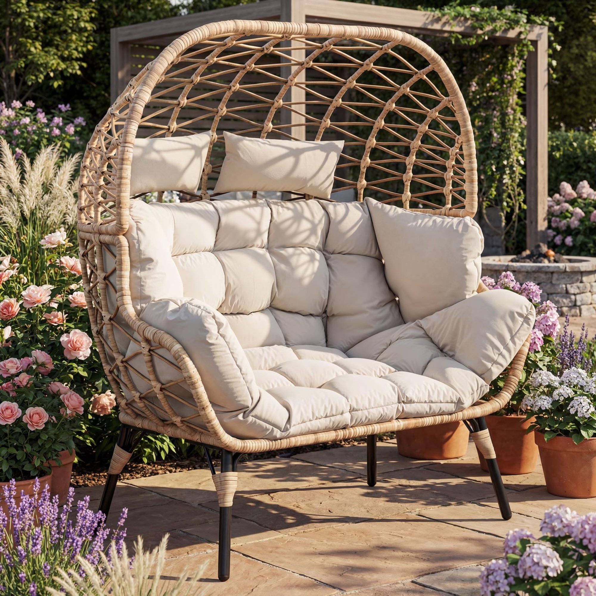 Podwójny fotel ogrodowy Arce beżowy o wytrzymałej konstrukcji z ocynkowanej stali zapleciony technorattanem