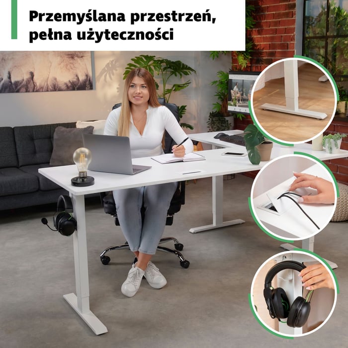 Blat biurka Trani wykonano z solidnej płyty wiórowej, która tworzy trwałą powierzchnię do codziennej pracy.