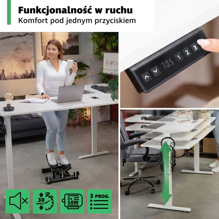 Biurko narożne Trani wyposażono w wygodny, elektryczny panel sterowania, dzięki któremu zmiana wysokości jest szybka i intuicyjna.