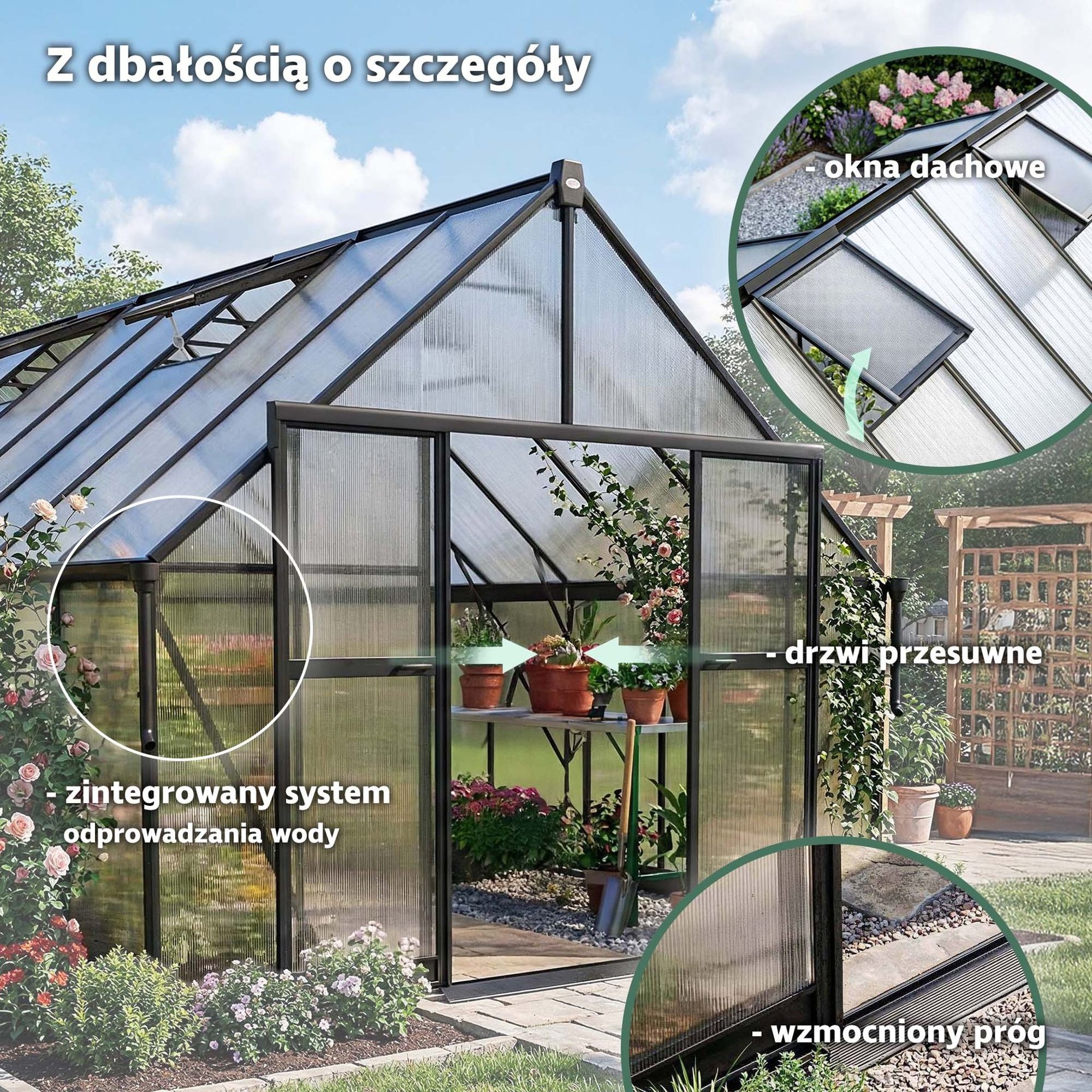 Szklarnia ogrodowa DV-158GG posiada system rynnowy, wzmocniony próg oraz 4 okna dachowe