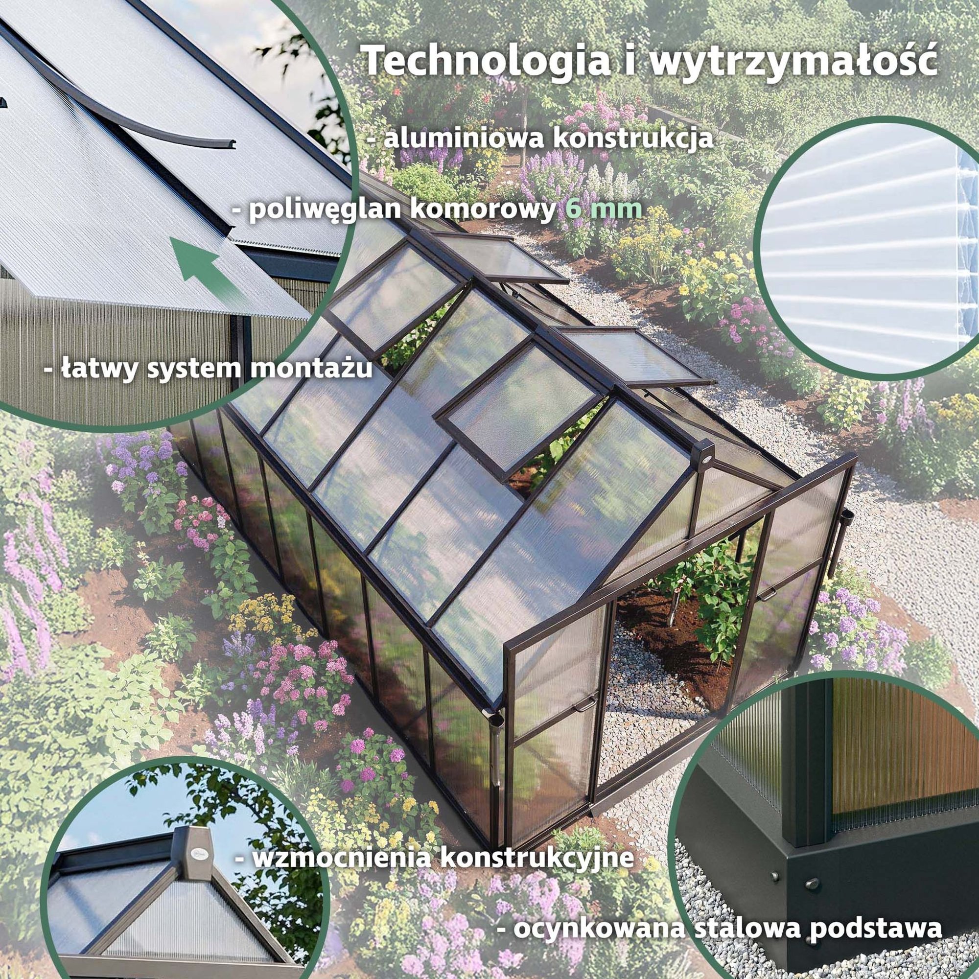 Szklarnia ogrodowa DV-158GG opiera się na lekkim i wytrzymałym stelażu aluminiowym