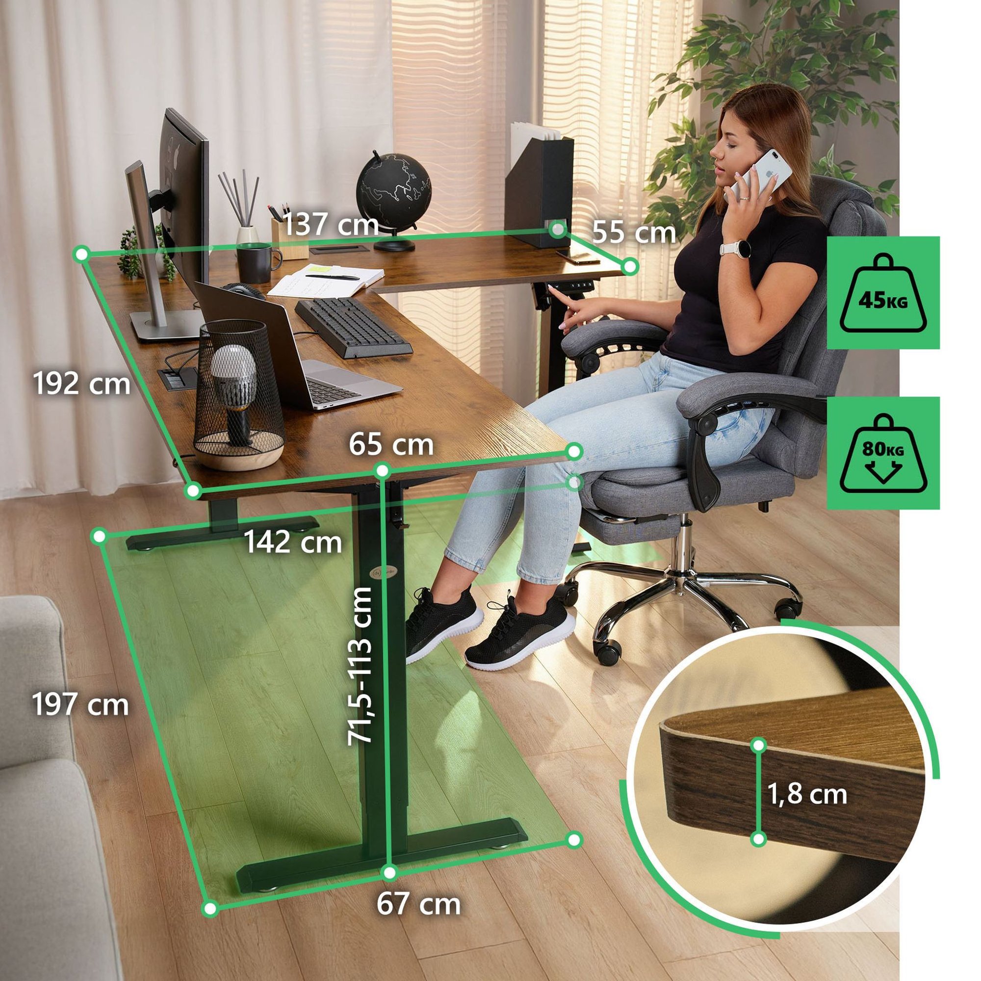 Rohový pracovný stôl Trani má rozmery 192 × 137 cm