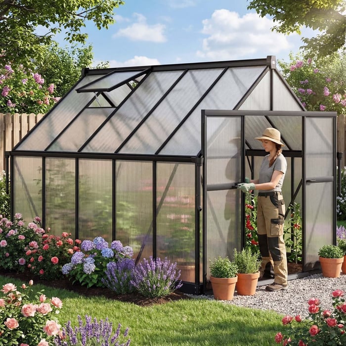 Skleník DV-156GG s rozmermi 310 × 244 × 230 cm poskytuje veľa miesta na pestovanie.
