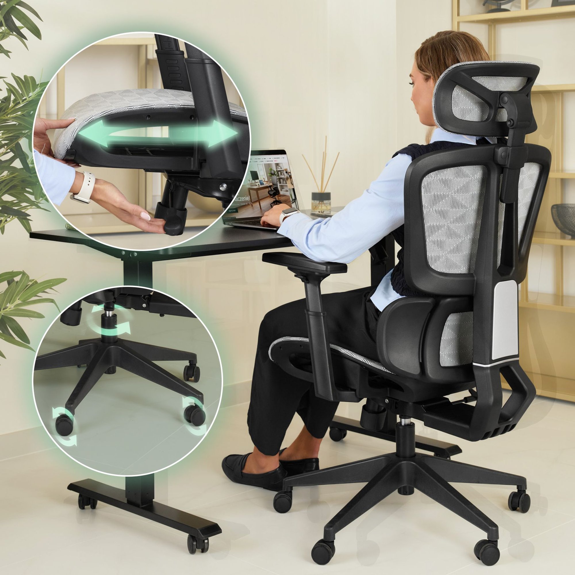 Stabilitu stoličky zaisťuje široká nylonová základňa doplnená čiernym plynovým piestom 80 mm