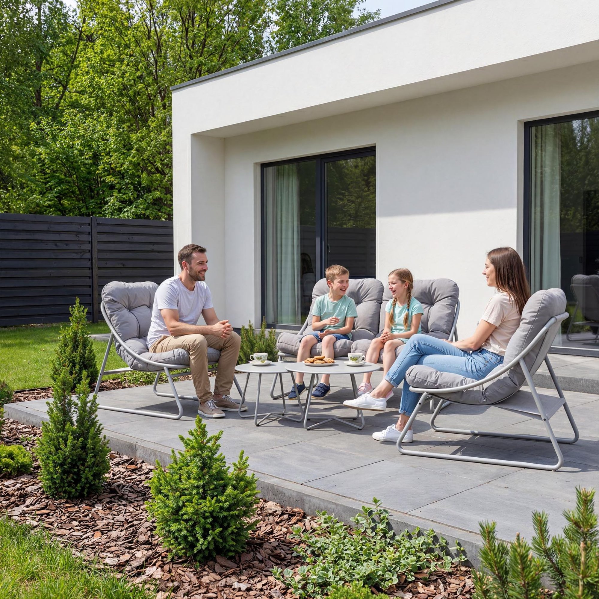 Táto súprava záhradného nábytku spája jednoduchú loftovú estetiku s výrazným dôrazom na pohodlie. 
