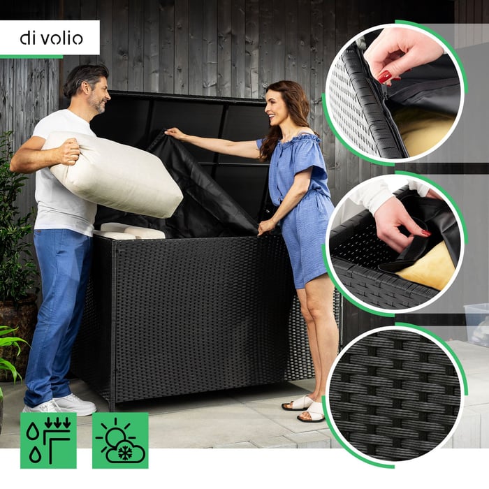 Vnútro záhradného boxu Varise je vybavené praktickým vodotesným poťahom