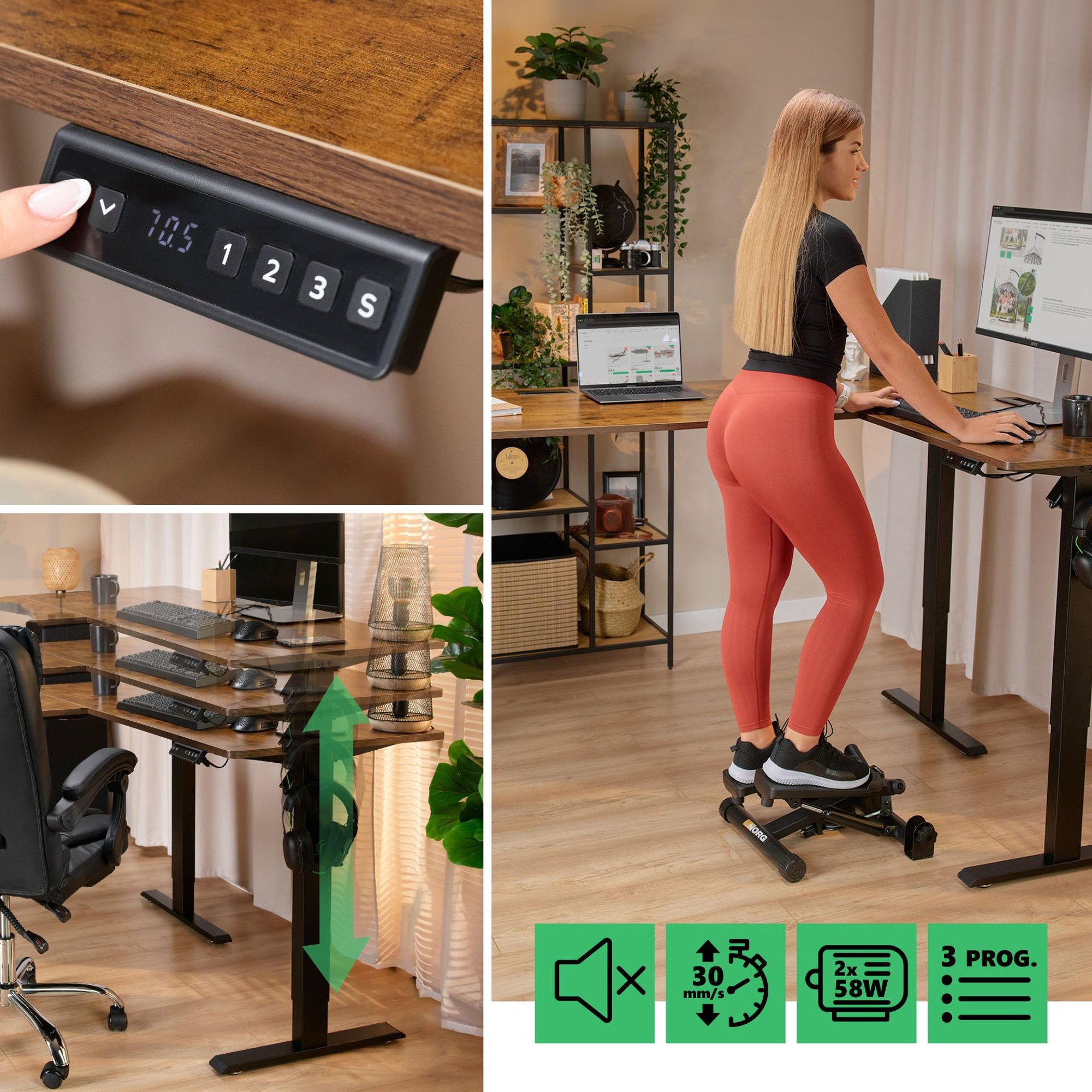 Rohový písací stôl Trani je vybavený elektrickým ovládacím panelom s intuitívnymi tlačidlami 