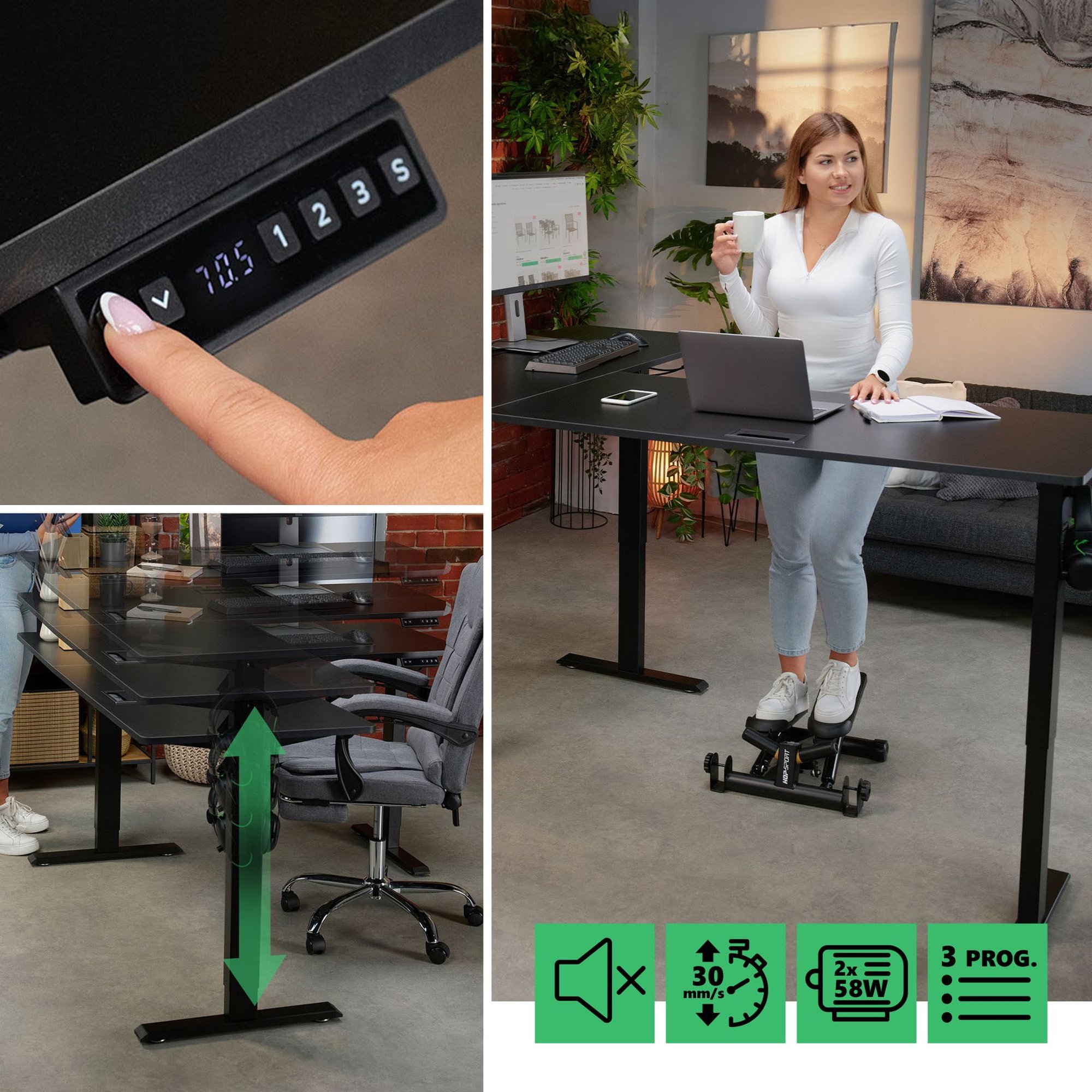 Rohový písací stôl Trani je vybavený elektrickým ovládacím panelom s intuitívnymi tlačidlami 