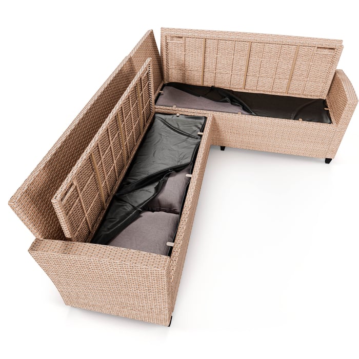 Sedacia súprava Rossano má zabudovaný box určený na uloženie vankúšov, prikrývok a iných doplnkov a textílií.