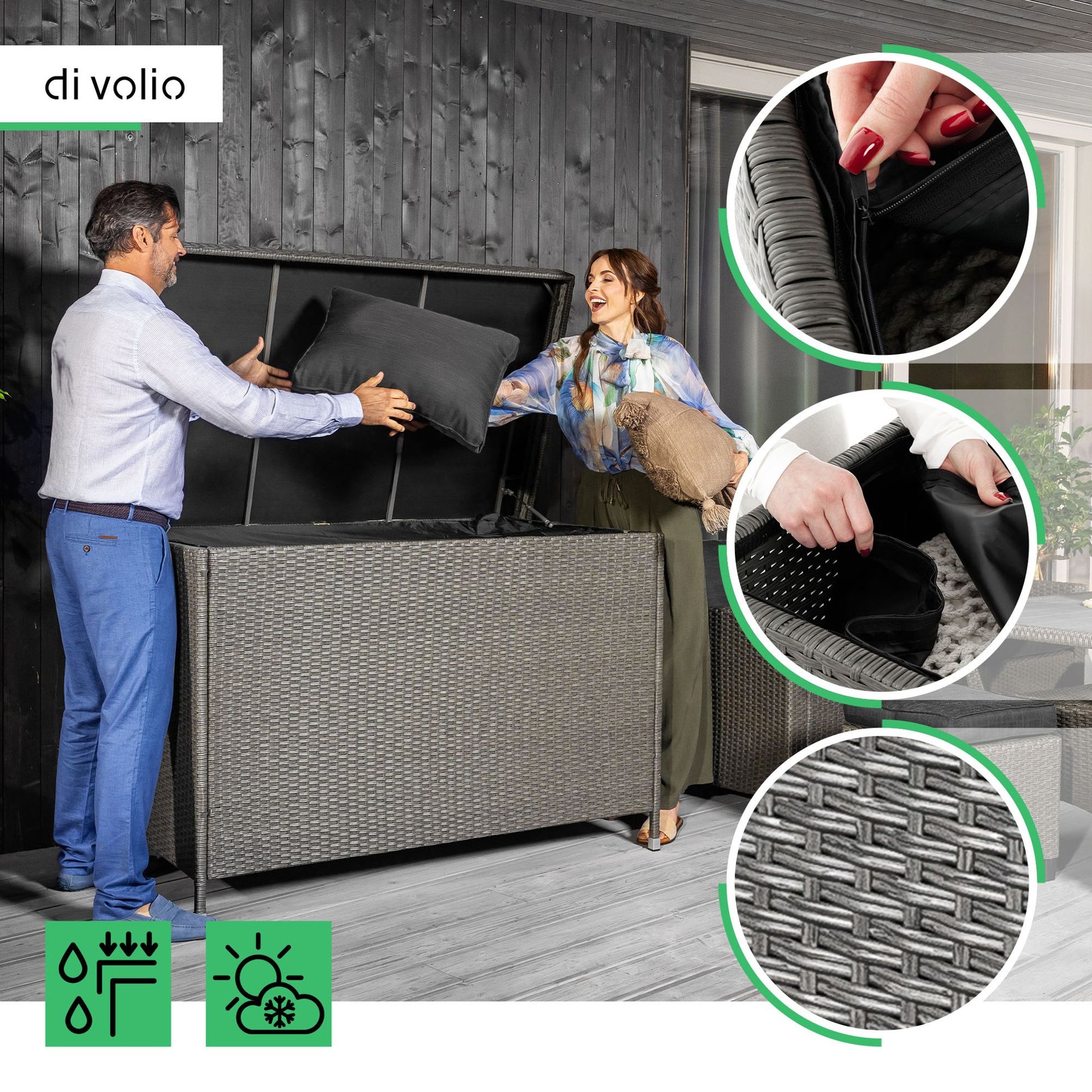 Vnútro záhradného boxu Varise je vybavené praktickým vodotesným poťahom