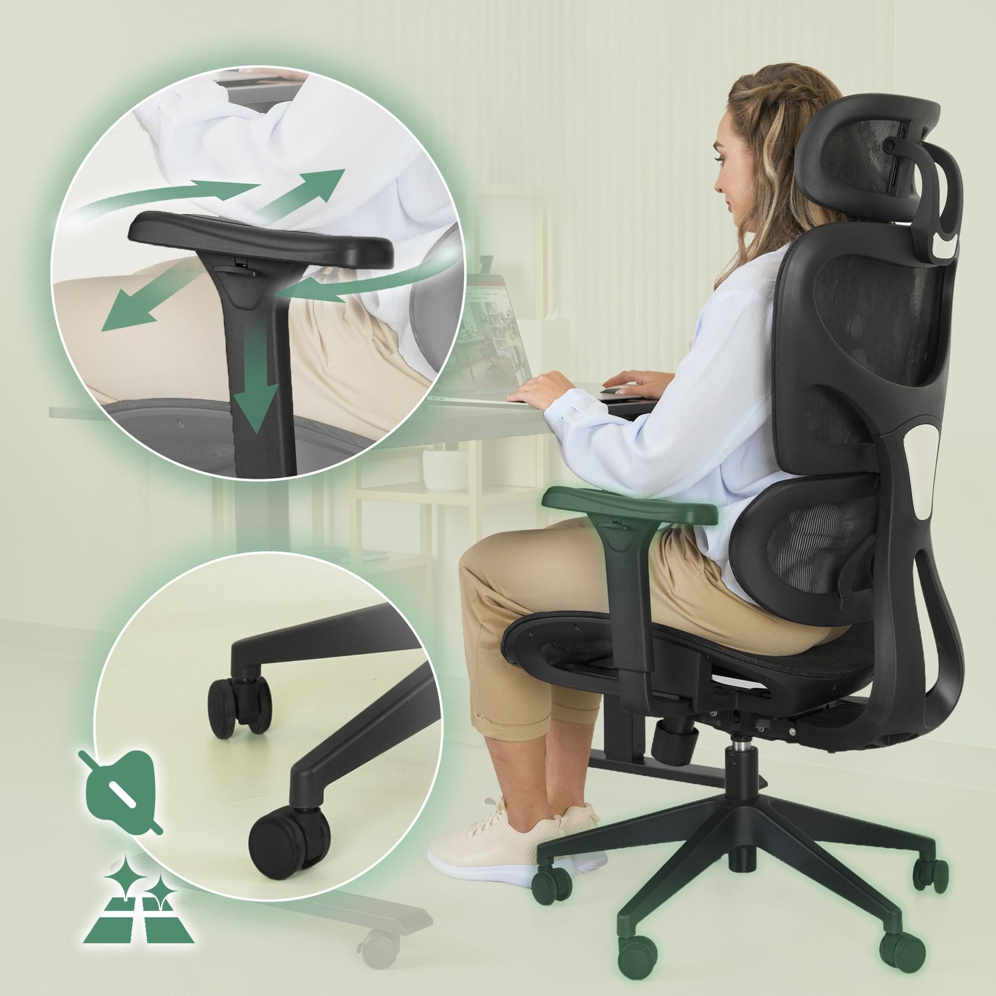 Otočná stolička Vataro je vybavená 4D podrúčkami