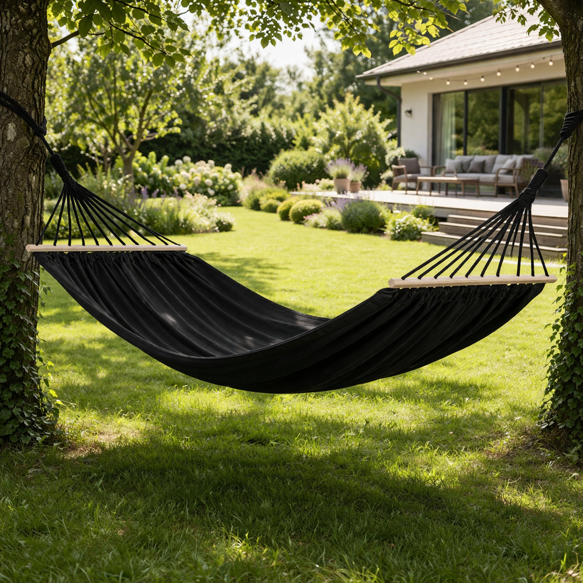 Záhradná hojdacia sieť Lecco je vyrobená z materiálu, ktorý je kombináciou bavlny a polyesteru