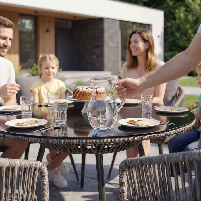 Set dopĺňa okrúhly jedálenský stôl s priemerom 120 cm