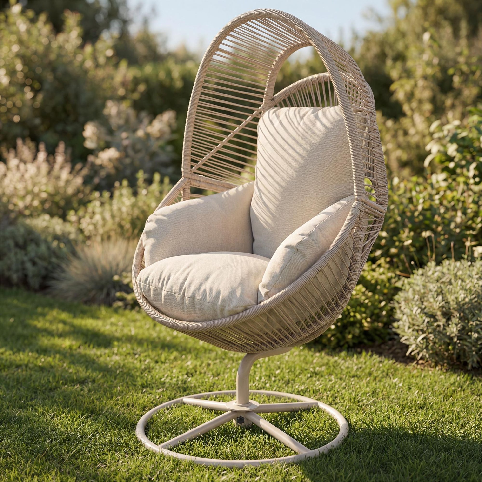 Zahradní křeslo je vyrobené z odolného PE ratanu v béžovom odtieni.