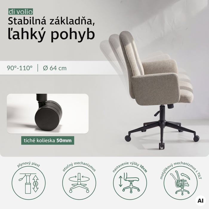 Látková kancelárska stolička Parmo stojí na kovovej základni v elegantnom matnom prevedení.